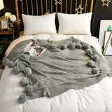 Knitted Throw Blanket Soft Microfiber & Oversized Pom-Poms