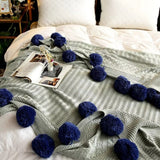 Knitted Throw Blanket Soft Microfiber & Oversized Pom-Poms