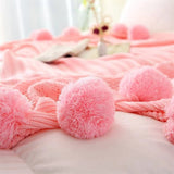 Knitted Throw Blanket Soft Microfiber & Oversized Pom-Poms