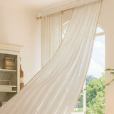 Sheer Curtain Light-Filtering Striped Hollow-Out Tassel Trim