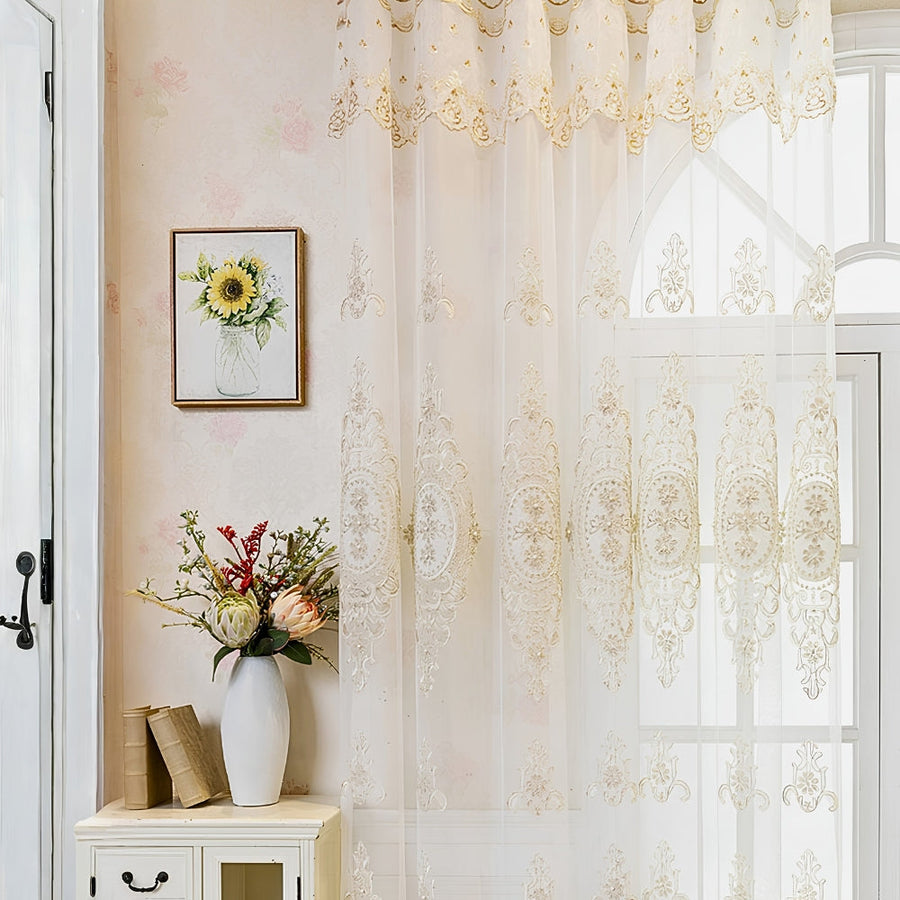 Sheer Lace Curtain Embroidered Tulle Grommet Top