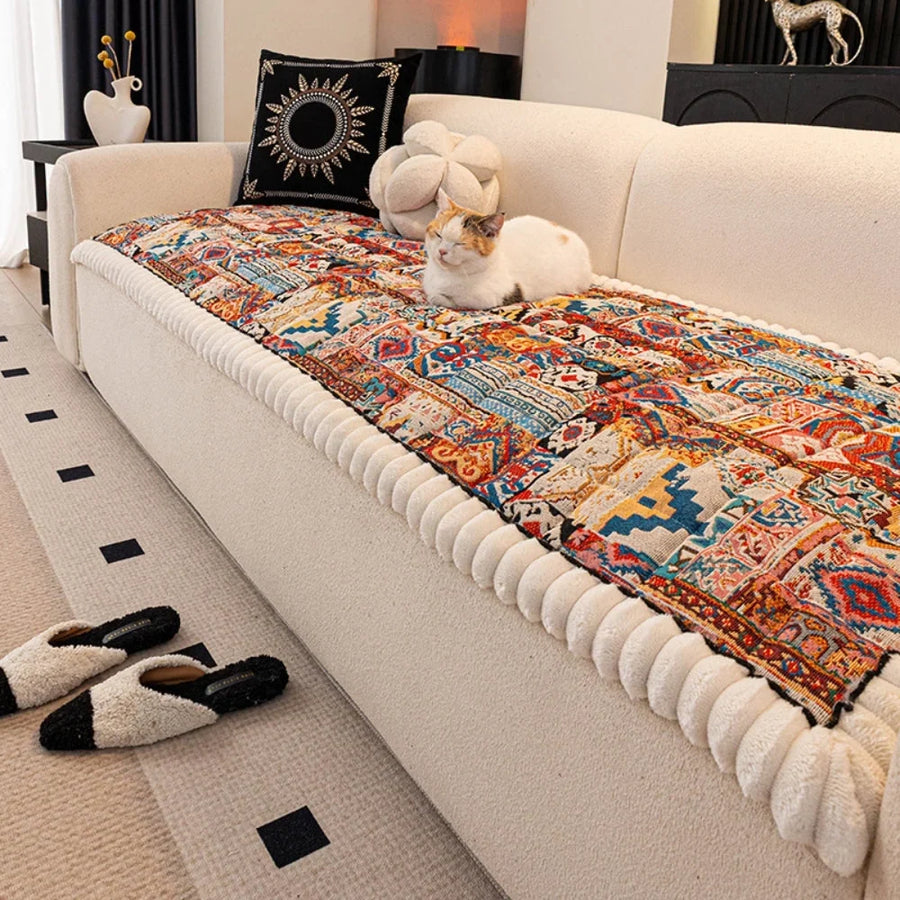 Sofa Cover Boho Jacquard Plush Microfiber & Non-Slip Backing