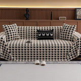 Sofa Cover Houndstooth Plush Microfiber Non-Slip Backing & Machine Washable