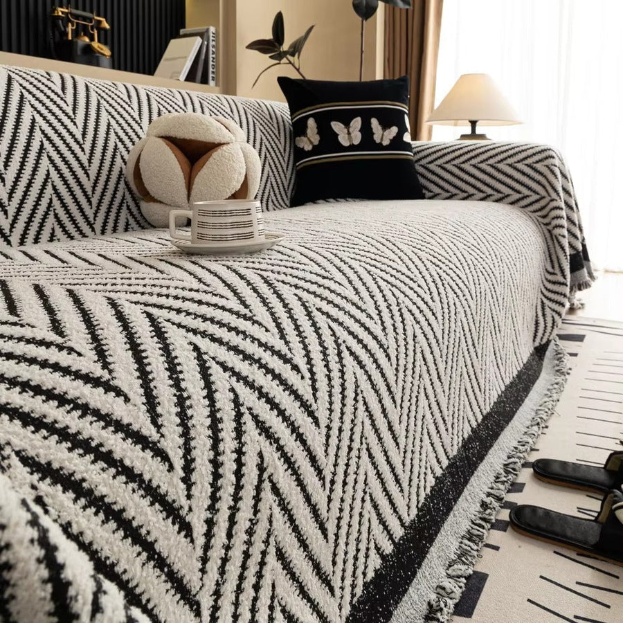 Sofa Cover Microfiber Blend Chevron Herringbone & Tassel Trim