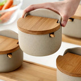 Spice Jar Set Ceramic Bamboo Lids Wooden Tray