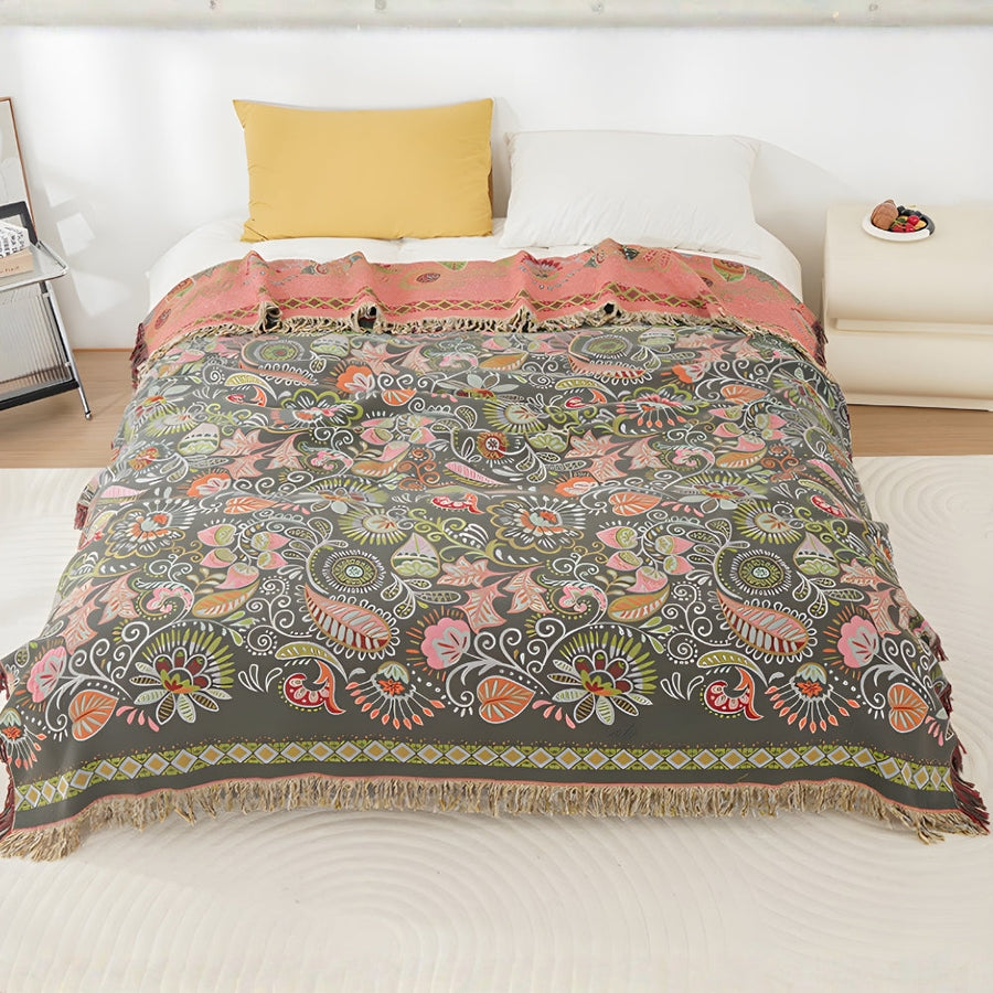 Throw Blanket Reversible Cotton Gauze Tassel Edges