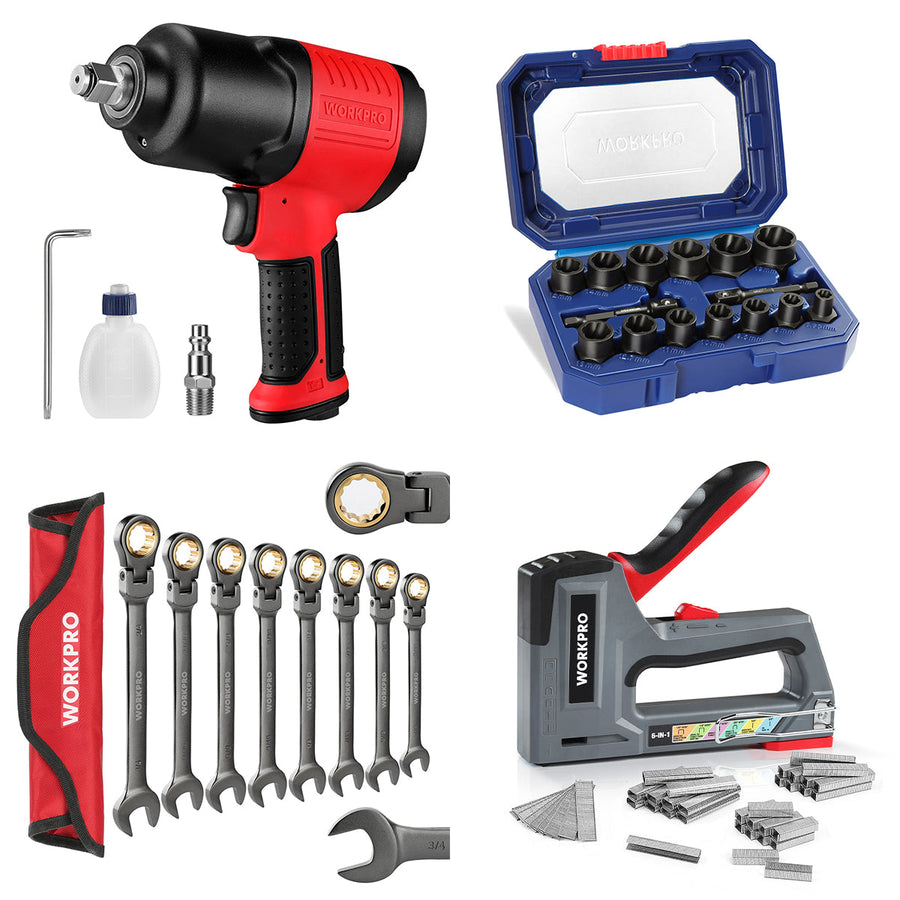 WORKPRO 1/2" Drive Air Impact Wrench & 15 Pcs Impact Bolt Nut Remover Set & 8 Pcs Flex-Head Ratcheting Combination Wrench Set & 6-in-1 Staple Gun