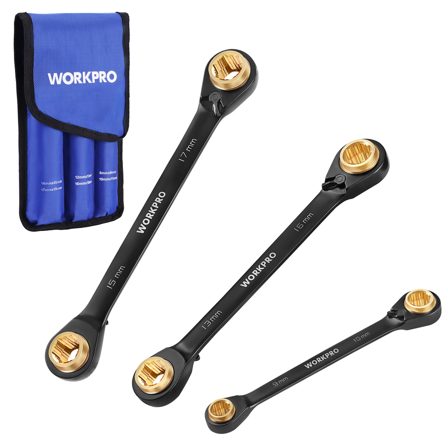 WORKPRO 3-Piece 4-in-1 Reversible Ratcheting Wrench Set, 12 Sizes in 3 Wrenches (8MM to 19MM), Metric, Anti-Slip, Double Box End, 72-Tooth, CR-V, 6-Point, with Storage Bag - for Repair & Maintenance