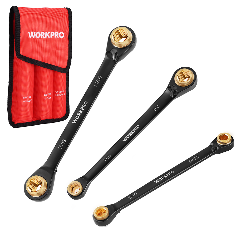 WORKPRO 3-Piece 4-in-1 Reversible Ratcheting Wrench Set, 12 Sizes in 3 Wrenches (1/4"-3/4"), SAE, Anti-Slip, Double Box End, 72-Tooth, CR-V, 6-Point, with Storage Bag - for Repair & Maintenance