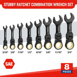 WORKPRO 8-Piece Flex-Head Stubby Anti-slip Ratcheting Wrench Set with Rolling Pouch, SAE 5/16-3/4 in