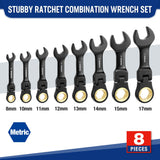 WORKPRO 8-Piece Flex-Head Stubby Anti-slip Ratcheting Wrench Set with Rolling Pouch, Metric 8-17mm