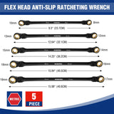 WORKPRO 5-piece Anti-Slip Double Box Extra Long Flex-Head Ratcheting Wrench Set with Rolling Pouch, Metric 8-19 mm