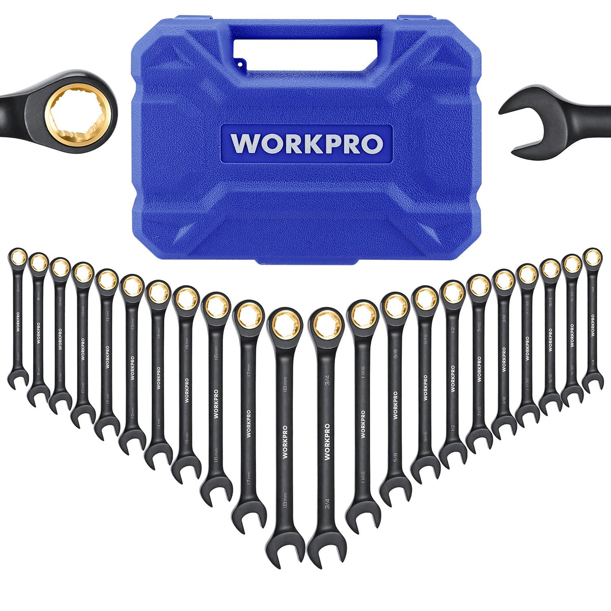 WORKPRO 22-piece Regular Ratcheting Wrench Set Anti-Slip Tooth with Organizer Box, Metric 6-18mm & SAE 1/4-3/4"