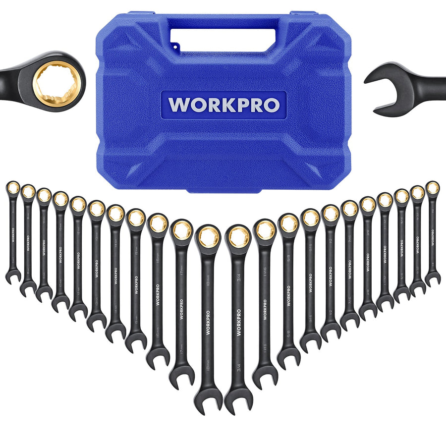 WORKPRO 22-piece Regular Ratcheting Wrench Set Anti-Slip Tooth with Organizer Box, Metric 6-18mm & SAE 1/4-3/4"