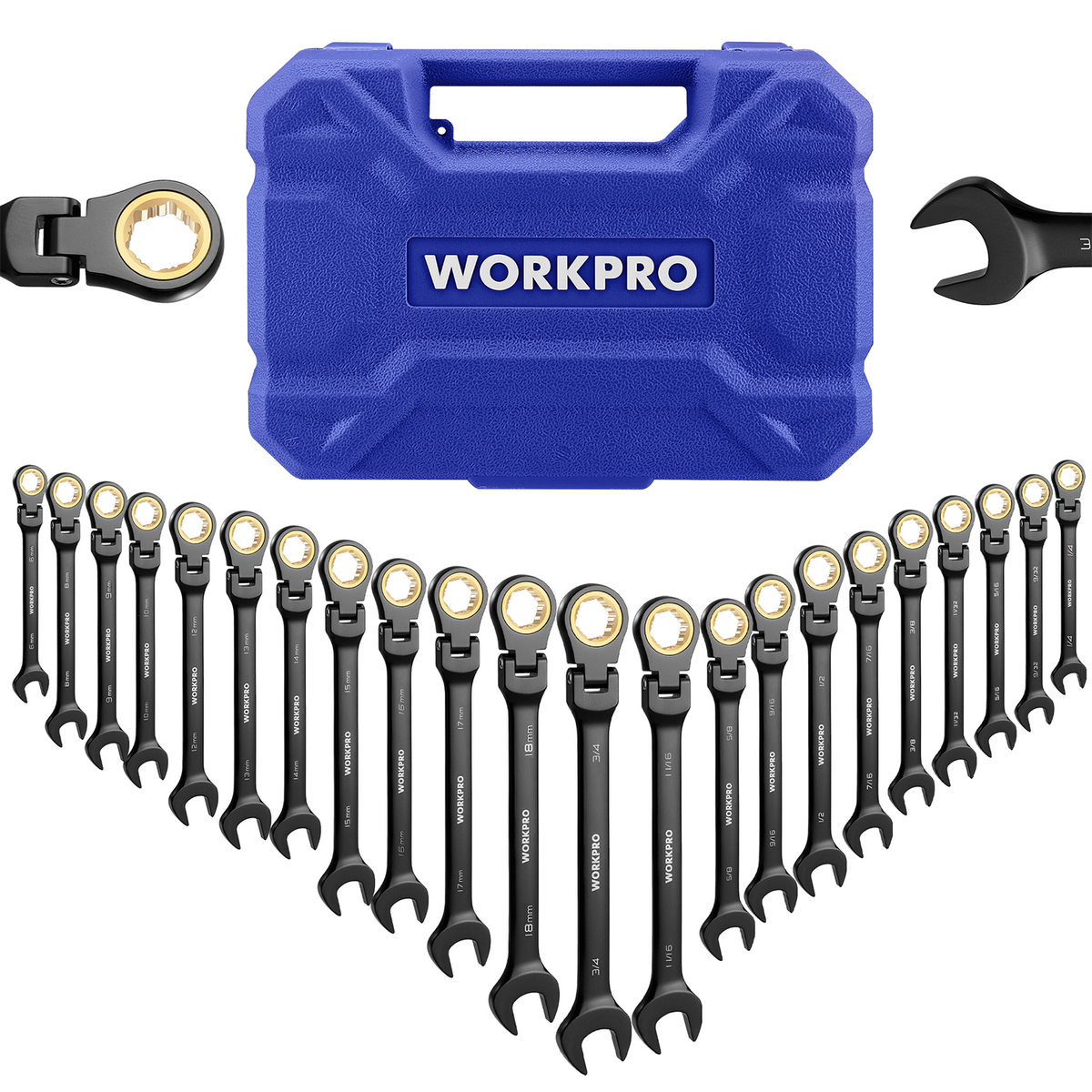 WORKPRO 22-piece Flex-head Ratcheting Wrench Set Anti-Slip Tooth with Organizer Box, Metric 6-18mm & SAE 1/4-3/4"