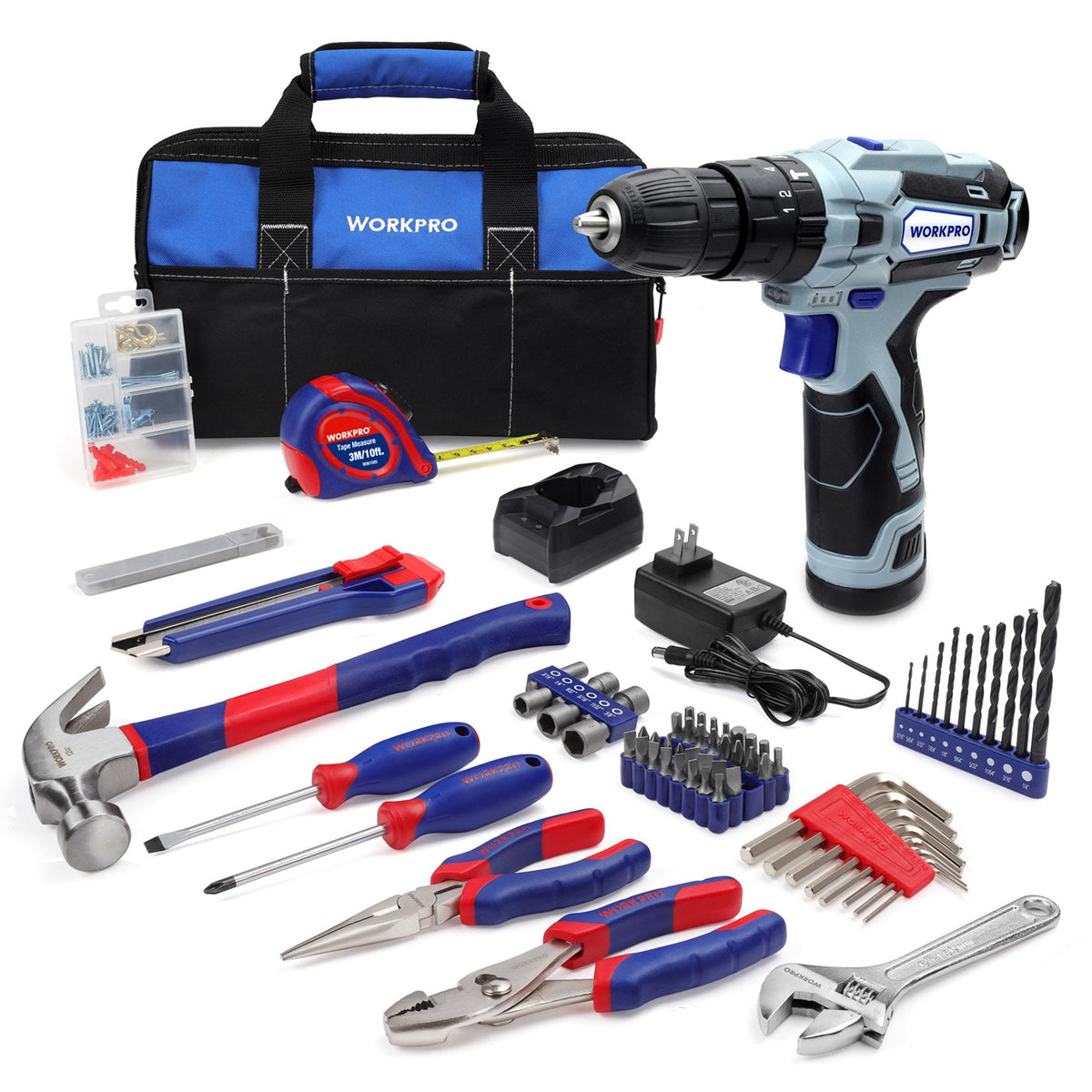 WORKPRO 12V Cordless Drill, Power Tool Set for Home, 177 Pieces Combo Kit with 14-inch Storage Bag and 2000mAh Lithium-Ion Battery & Charger