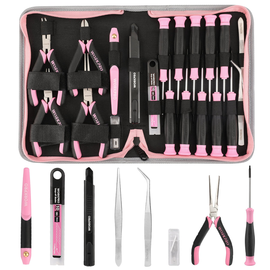 WORKPRO 33 Pcs Precision Repair Tool Set Includes Pliers Set - Pink Ribbon