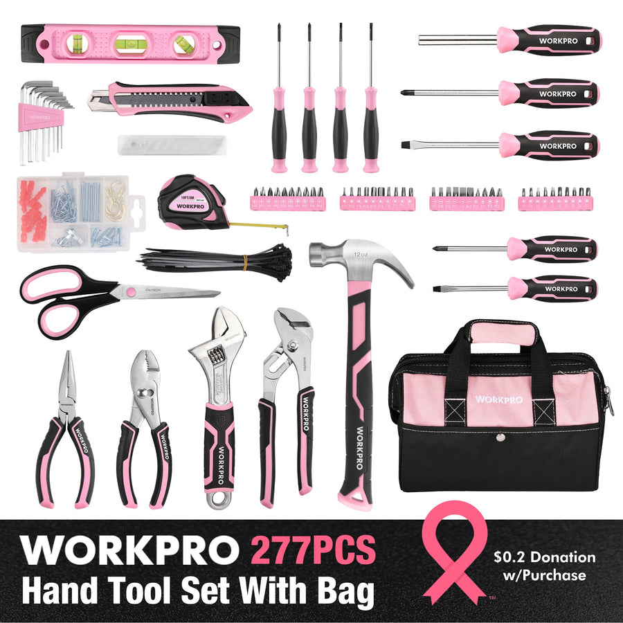 WORKPRO 277 Pcs Pink Tool Set with Wide Mouth Open Storage Bag - Pink Ribbon