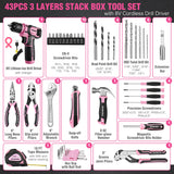 WORKPRO 43-Piece Cordless 8V Drill Driver Home Tool Set with Stackable Tool Box - Pink Ribbon