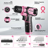 WORKPRO 43-Piece Cordless 8V Drill Driver Home Tool Set with Stackable Tool Box - Pink Ribbon