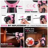 WORKPRO 43-Piece Cordless 8V Drill Driver Home Tool Set with Stackable Tool Box - Pink Ribbon