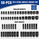 WORKPRO 65PCS 1/2” Drive Impact Socket Set, SAE&Metric Deep & Shallow Kit