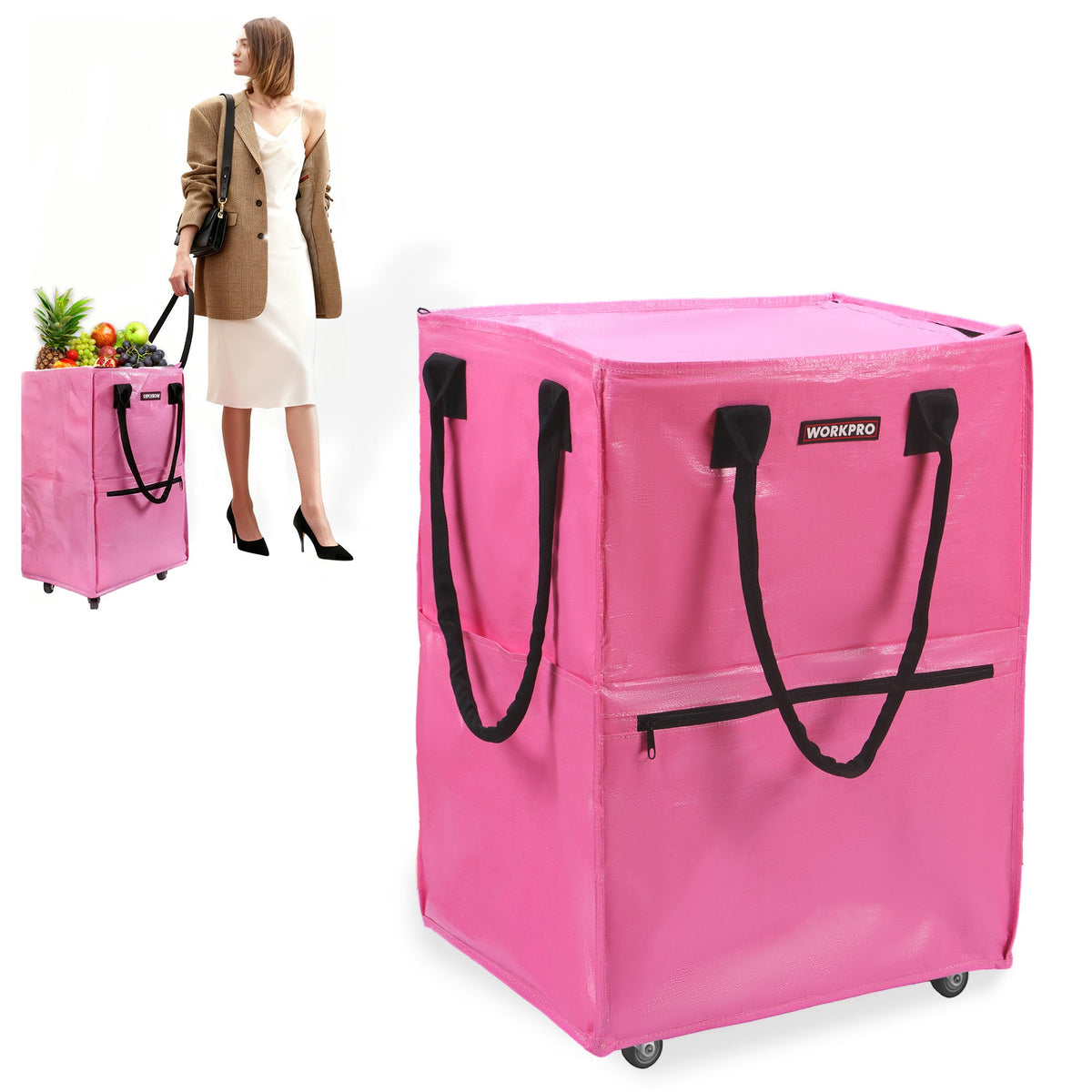 WORKPRO Large Rolling Grocery Bag, 36-Gallon Tote with 5 Wheels, 110 lbs Capacity, Dual Carry, Wide Zipper & Extra Storage for Shopping, Laundry & Moving