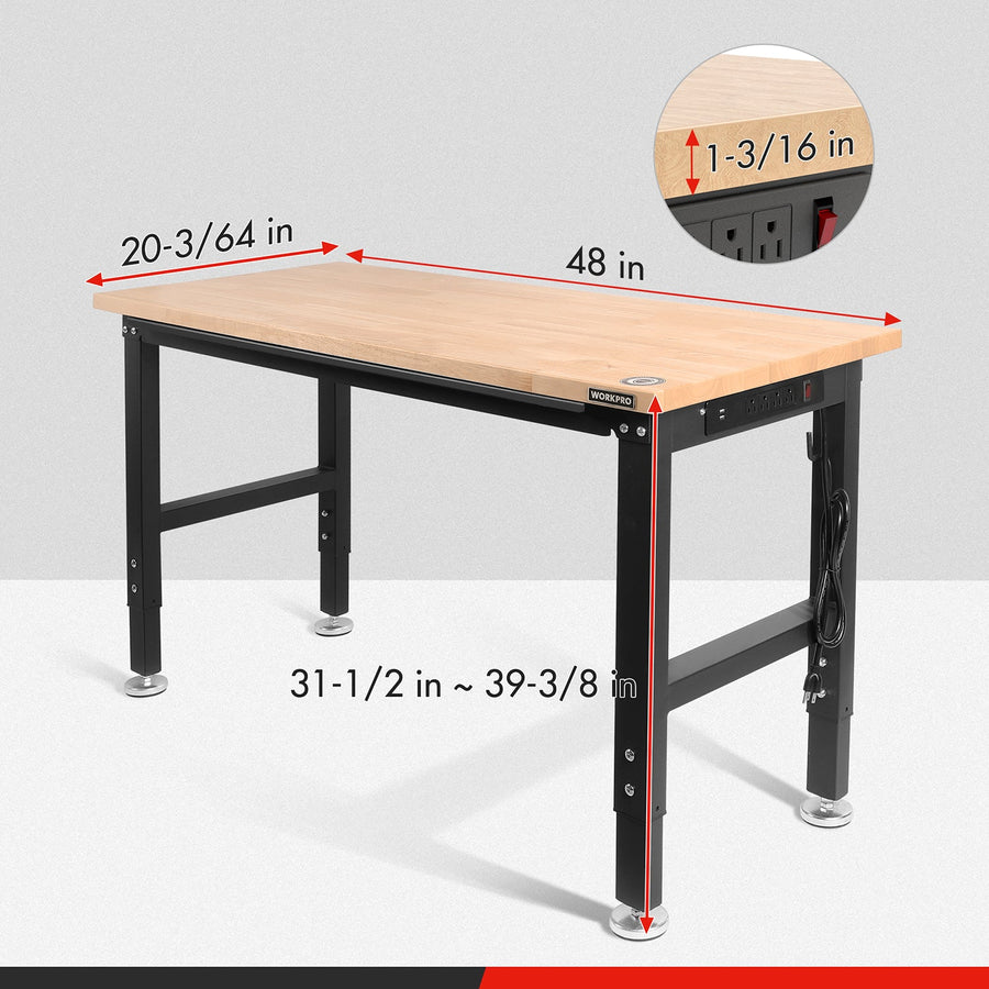 WORKPRO 48"×20" Adjustable Workbench 2000 LBS Load Capacity Hardwood Worktable with Power Outlets