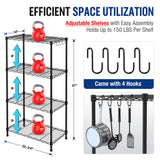 WORKPRO 4 Tier Adjustable Metal Storage Shelves with Hooks for Pantry Closet Kitchen Basement - 24" W x 14" D x 48" H