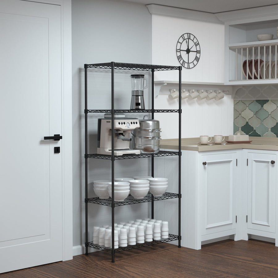 WORKPRO 750lbs Storage Shelves, 5 Tier Metal Shelving Unit, Garage Wire Rack, Standing Adjustable Shelves with Hooks for Pantry Closet Kitchen Basement, 30" W x 14" D x 60" H