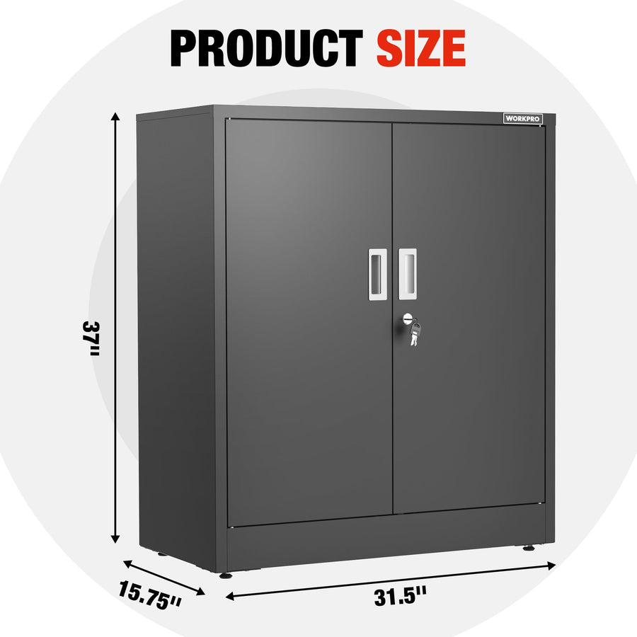 WORKPRO Small Industrial Metal Storage Cabinet with Doors and Shelves,Garage Cabinet with Lock for Home, Warehouse, Office, Shop, Solid Packed, Black