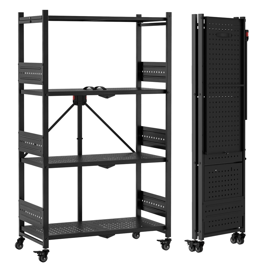WORKPRO 4-Tier Folding Shelf, No-Assembly Metal Storage Rack with Wheels, 600 lbs Capacity (with Leveling Feet), Collapsible Shelving Unit for Kitchen, Pantry, Bathroom & Closet Organization