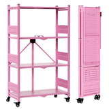 WORKPRO 4-Tier Folding Shelf, No-Assembly Metal Storage Rack with Wheels, 600 lbs Capacity (with Leveling Feet), Collapsible Shelving Unit for Kitchen, Pantry, Closet & Craft Shows - Pink