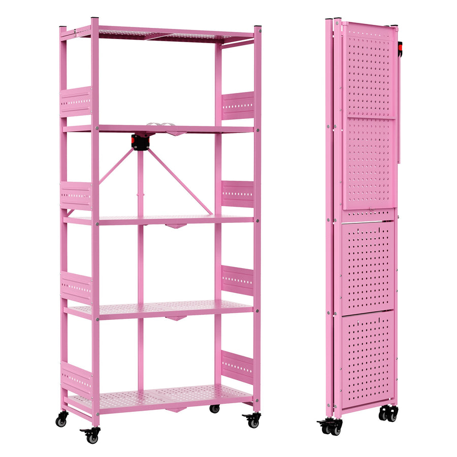 WORKPRO 5-Tier Folding Shelf, No-Assembly Metal Storage Rack with Wheels, 750 lbs Capacity (with Leveling Feet), Collapsible Shelving Unit for Kitchen, Pantry, Closet & Craft Shows - Pink