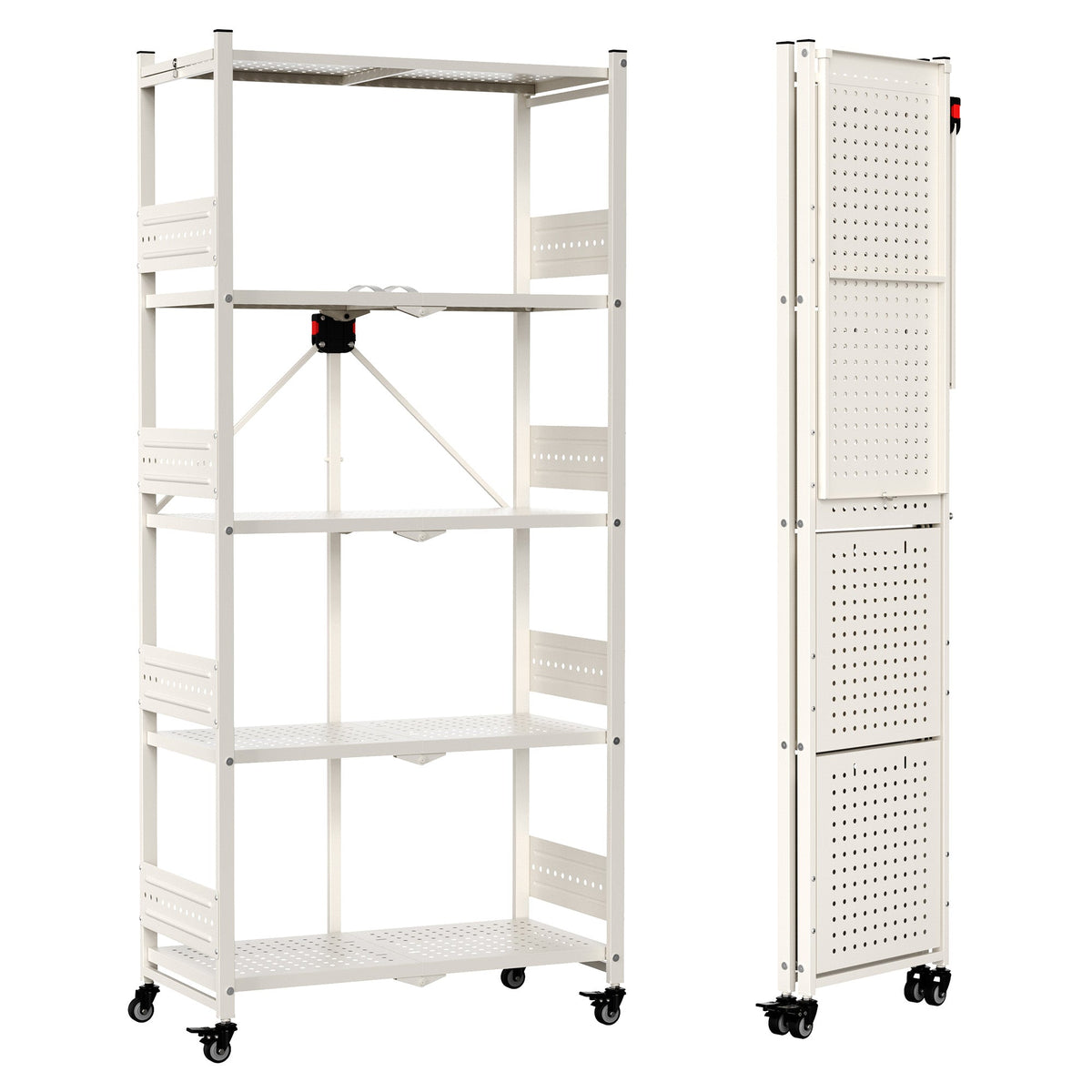 WORKPRO 5-Tier Folding Shelf, No-Assembly Metal Storage Rack with Wheels, 750 lbs Capacity (with Leveling Feet), Collapsible Shelving Unit for Kitchen, Pantry, Closet & Craft Shows - White