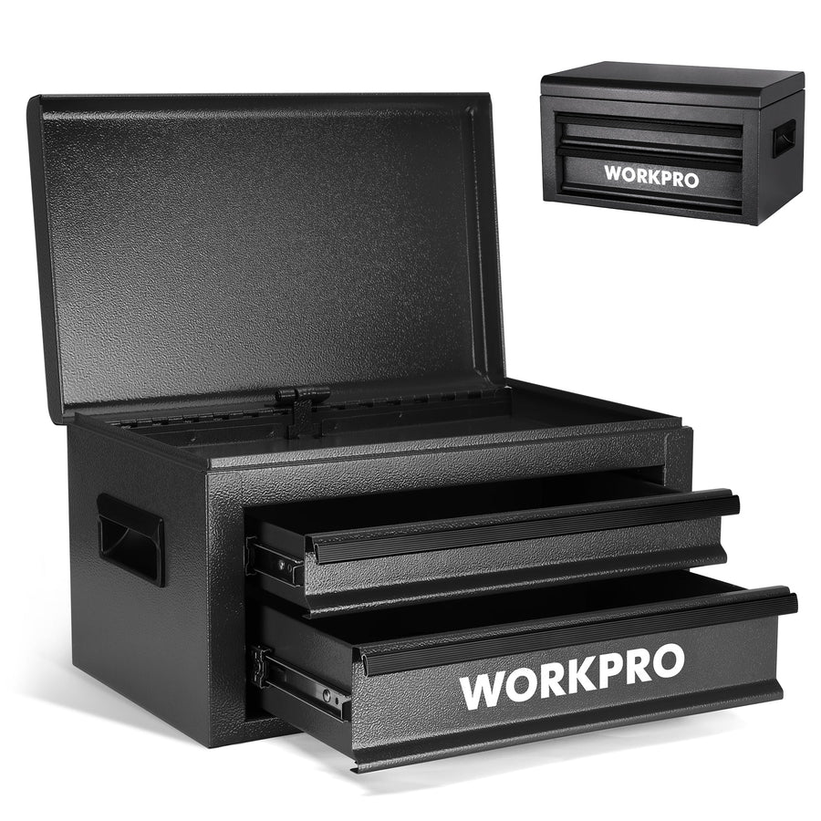 WORKPRO 15-Inch Metal Tool Box with 2 Drawers & Top Storage, Black