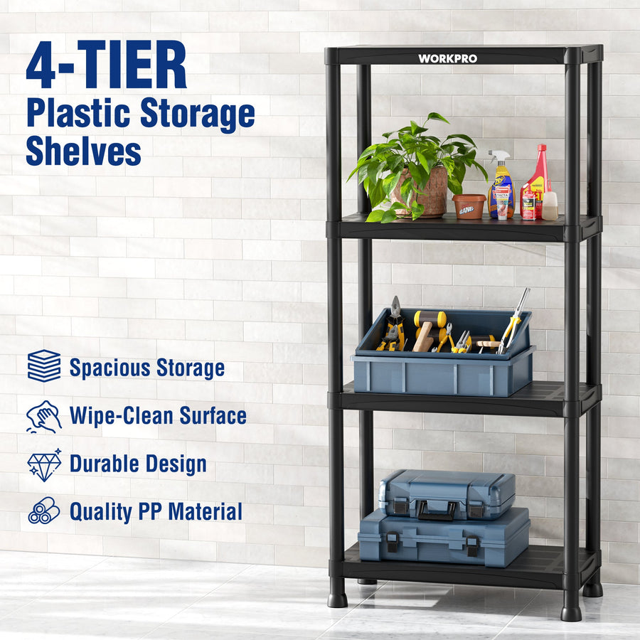 WORKPRO 4-Tier Plastic Storage Shelf, Black Freestanding Utility Organizer for Garage, Laundry Room & Basement