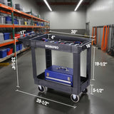 WORKPRO 500 LBS 2-Tier Utility Service Cart, Rolling Tool Cart with 360° Swivel Locking Casters, 39"x17"x33" PP Plastic Work Station for Garage & Home