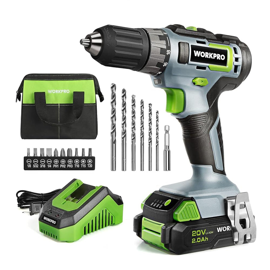 WORKPRO 20V Cordless Drill Driver Kit, 2.0 Ah Li-ion Battery, 1 Hour Fast Charger and 11-inch Green Storage Bag Included