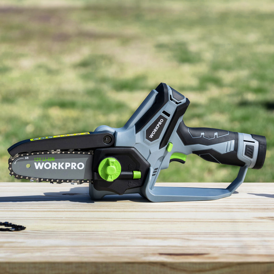 WORKPRO Mini Chainsaw, 6.3" Cordless Electric Compact Chain Saw with 2 Batteries, Replacement Guide Bar and Chain
