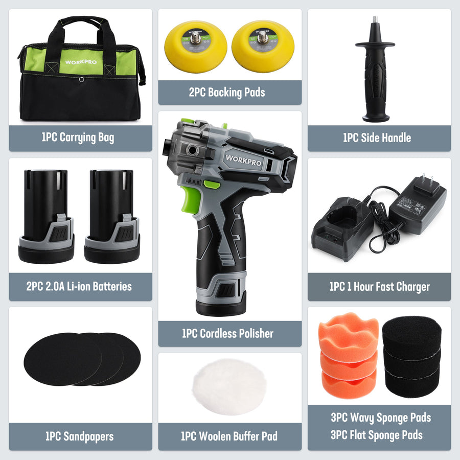 WORKPRO 12V Cordless Polisher, 3" Mini Car Detailing Buffer & Sander Machine Kit with 2 Li-Ion Batteries
