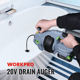 WORKPRO 20V Electric Drain Auger with 2.0AH Battery and Charger - 25Ft Plumbing Snake Drain Hair Removal Tool Set