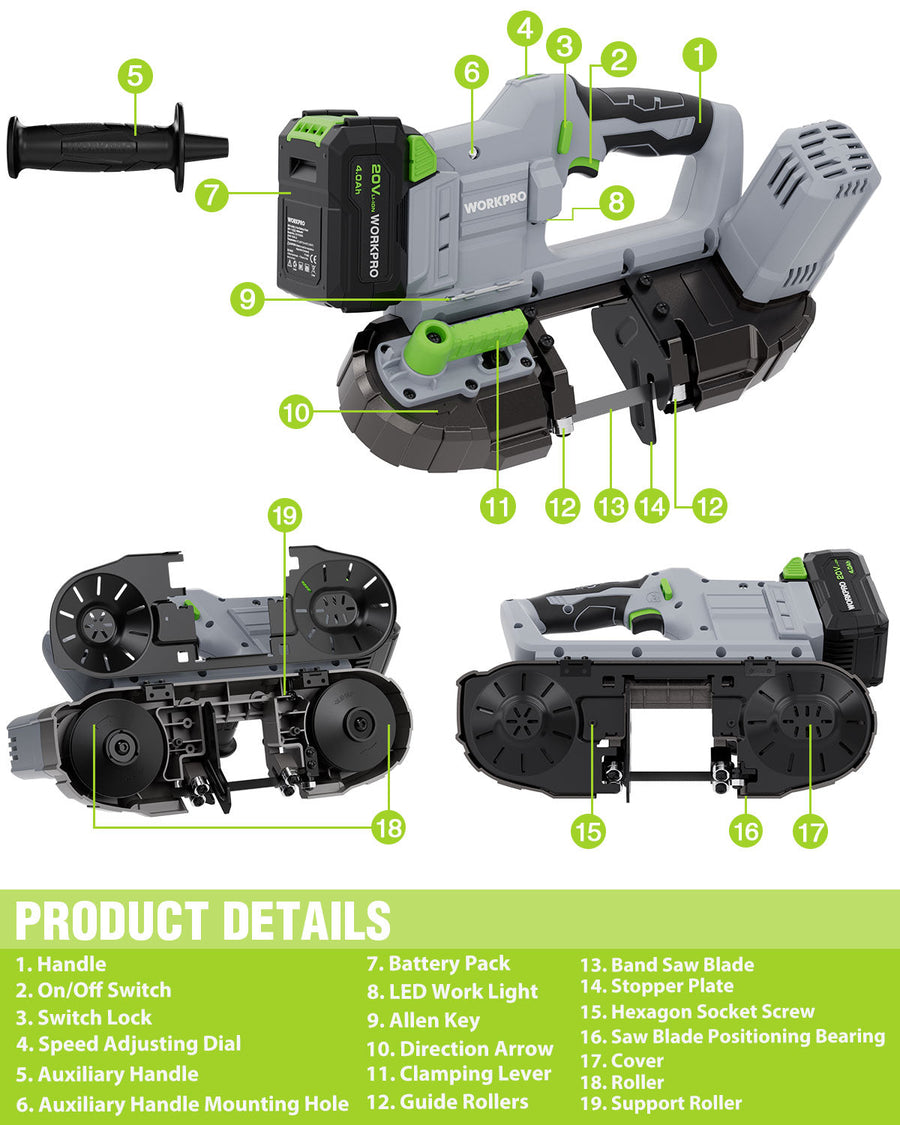 WORKPRO 20V Cordless Portable Band Saw for Cutting Metal with 3.75 Inch Cut Capacity & 6 Adjustable Speeds(370-670RPM, 324-587 SFPM)