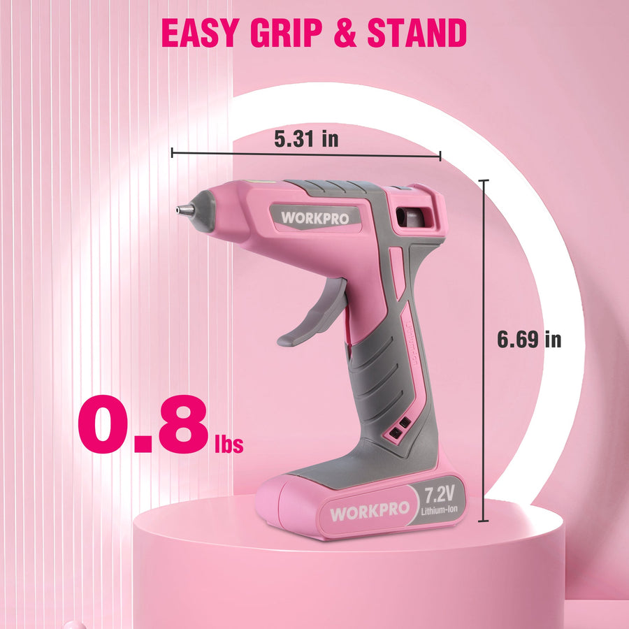 WORKPRO Cordless Hot Glue Gun Kit, 30s Fast Heat, 7.2V Dual Temp, 2600mAh Battery, 50 Glue Sticks, USB-C Charging & Storage Bag - Pink Ribbon