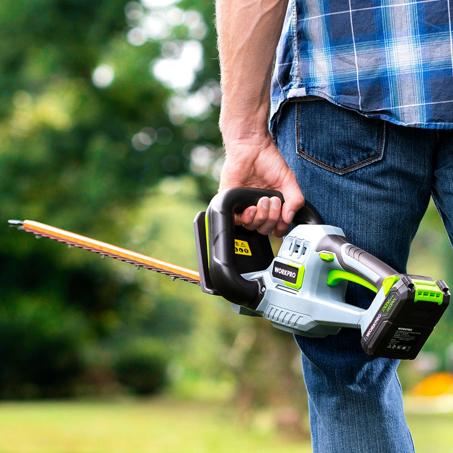 WORKPRO 20V Cordless Hedge Trimmer 20" Dual Action Blades Electric Gardening Tool 2.0Ah Battery and 1 Hour Quick Charger Included