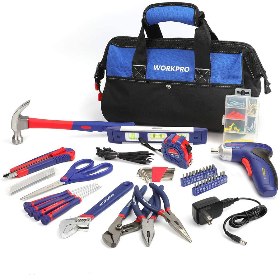 WORKPRO 125-Piece Household Tool Kit – 3.6V Rechargeable Screwdriver & Home Repair Basic Tool Set with 13-inch Easy Carrying Tools Bag, 125 Pcs