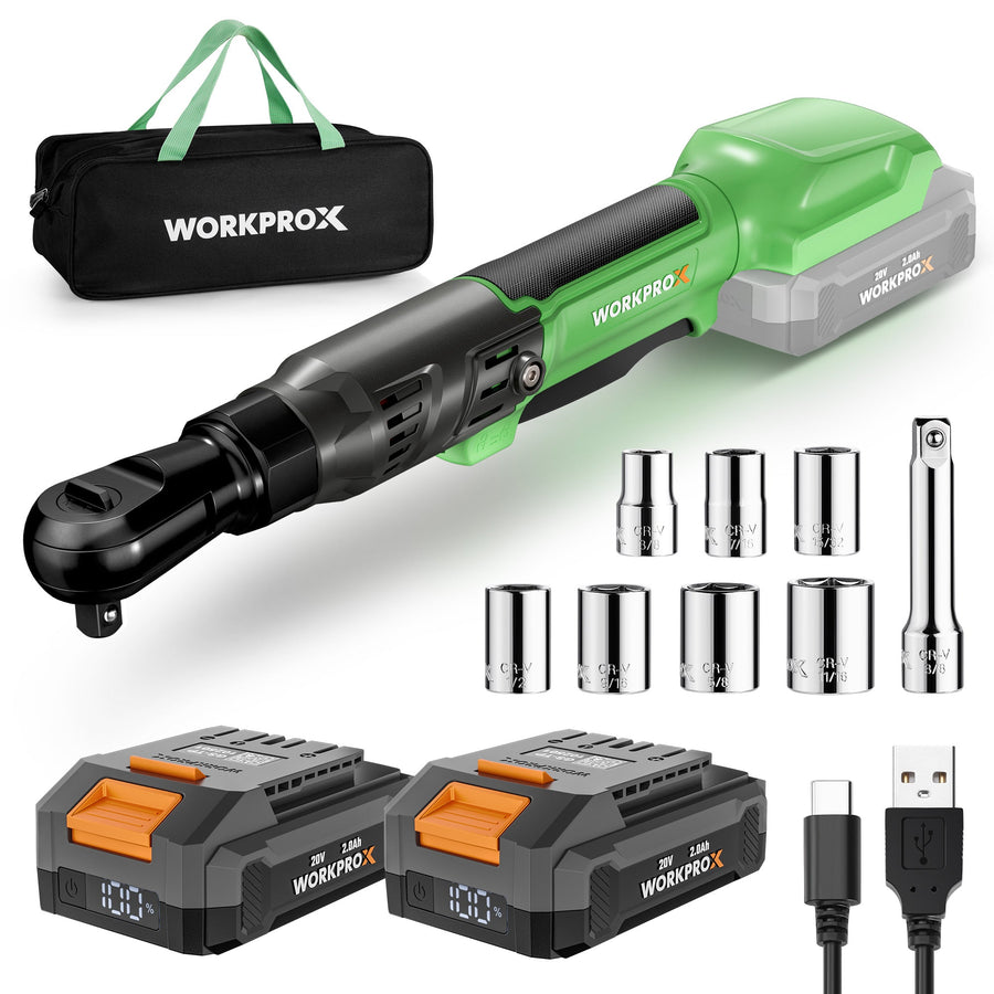 WORKPROX 20V Cordless Ratchet Wrench Kit, 3/8" Sockets, 74Ft-lbs, 250RPM, 2 Batteries