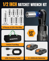 WORKPROX 20V Cordless Ratchet Wrench Kit, 1/2" Sockets, 74Ft-lbs, 250RPM, 2 Batteries