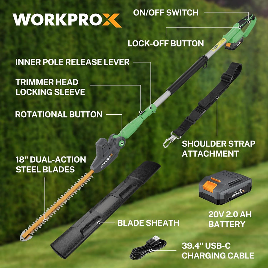 WORKPROX 20V Cordless Pole Hedge Trimmer, 9.2-Feet Reach, 11 Rotating Head