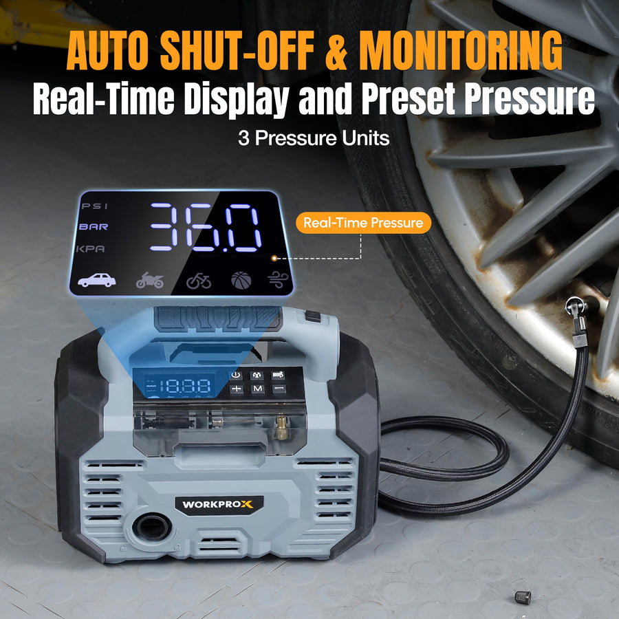 WORKPROX Tire Inflator Portable Air Compressor 150PSI – 12V DC & 20V Battery Car Air Pump, 2 Modes, Auto Shut-Off, Digital Gauge & LED Light, for Car, Bike, Ball & Air Mattress
